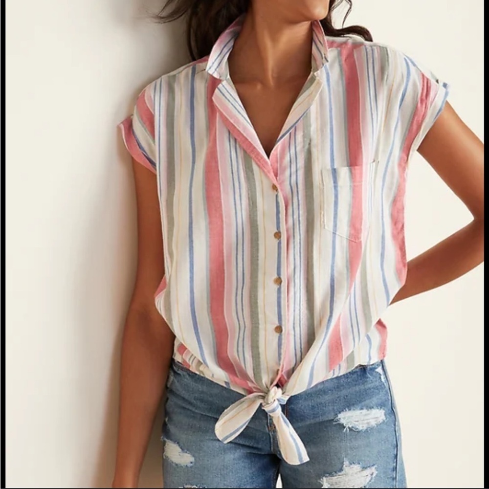Nwt Old Navy Multi Stripe Waist Tie Collared Blouse